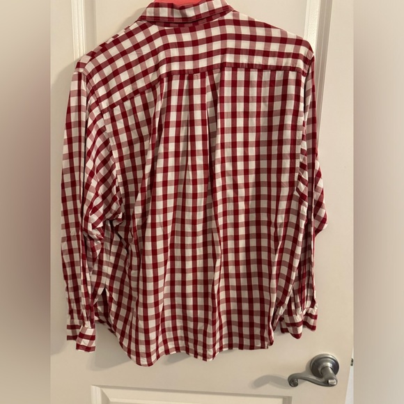 Ann Taylor Loft, red and white checkered button down shirt, size small. - Picture 2 of 3